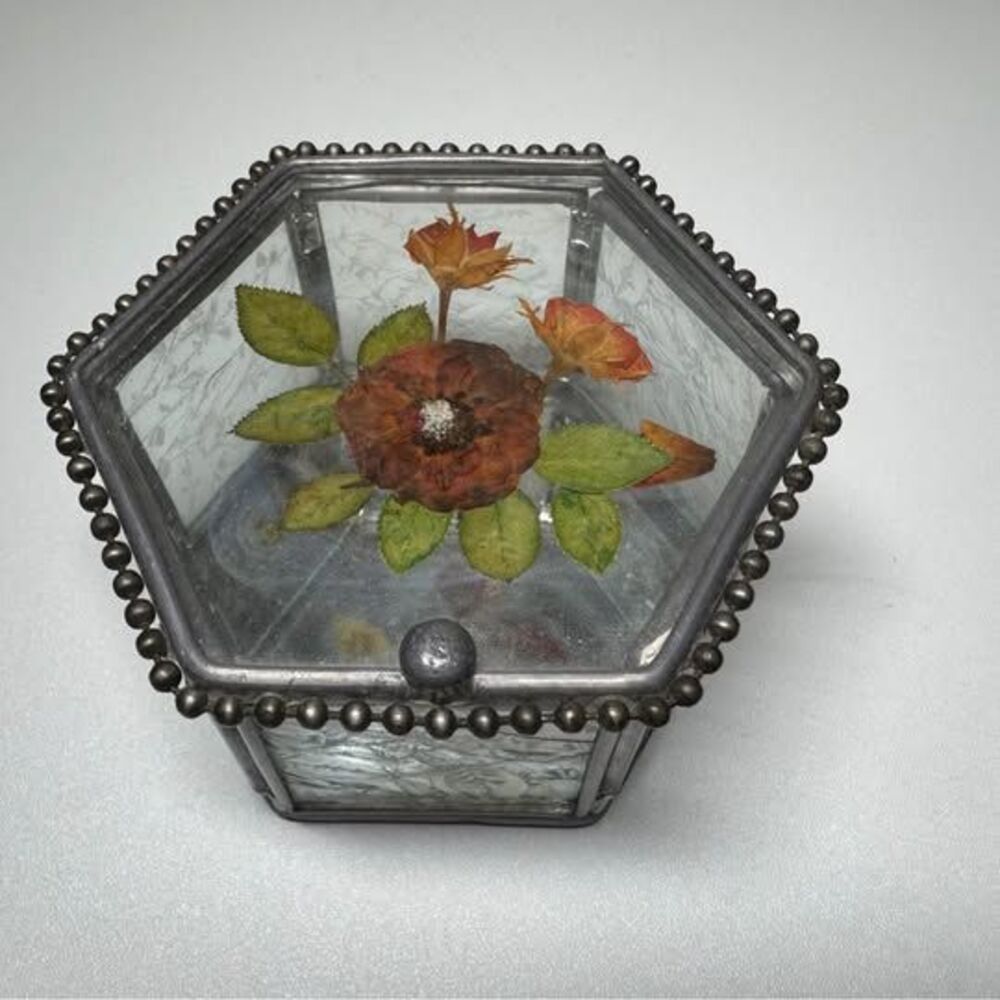 Vintage Style Glass Trinket Jewelry Box Pressed Flowers Mirrored Hexagon